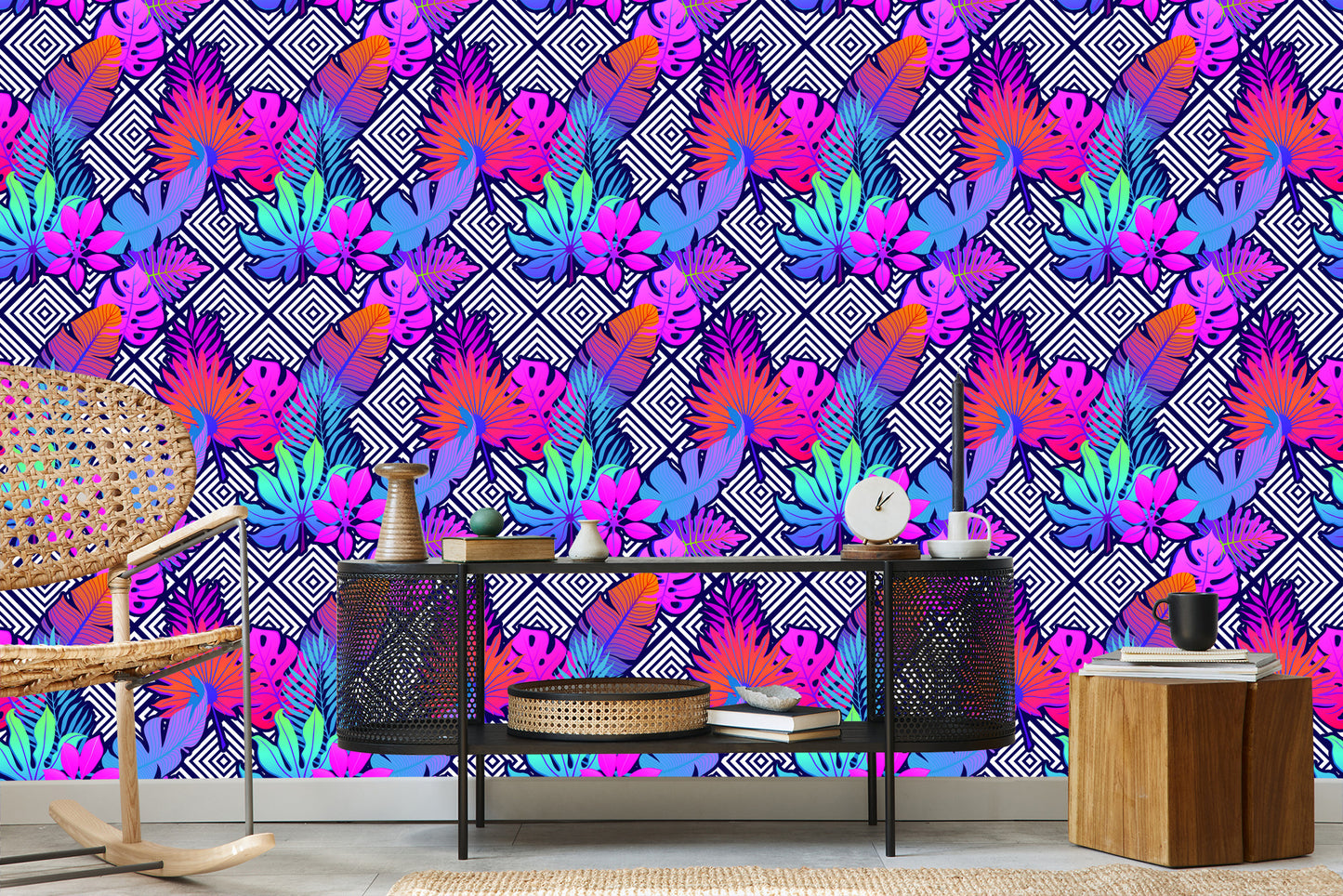 Wallpaper Leaves On Geometric Patterns