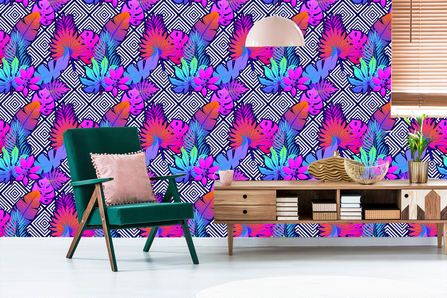 Wallpaper Leaves On Geometric Patterns