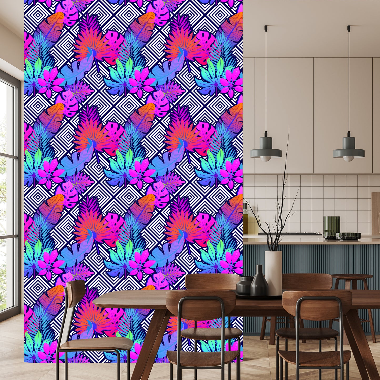 Wallpaper Leaves On Geometric Patterns