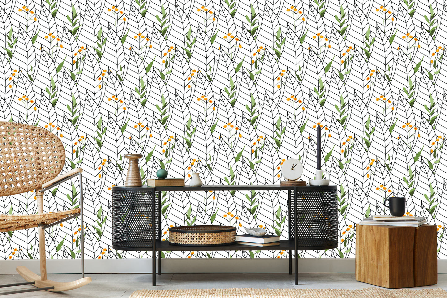 Wallpaper White Leaves With Flowers
