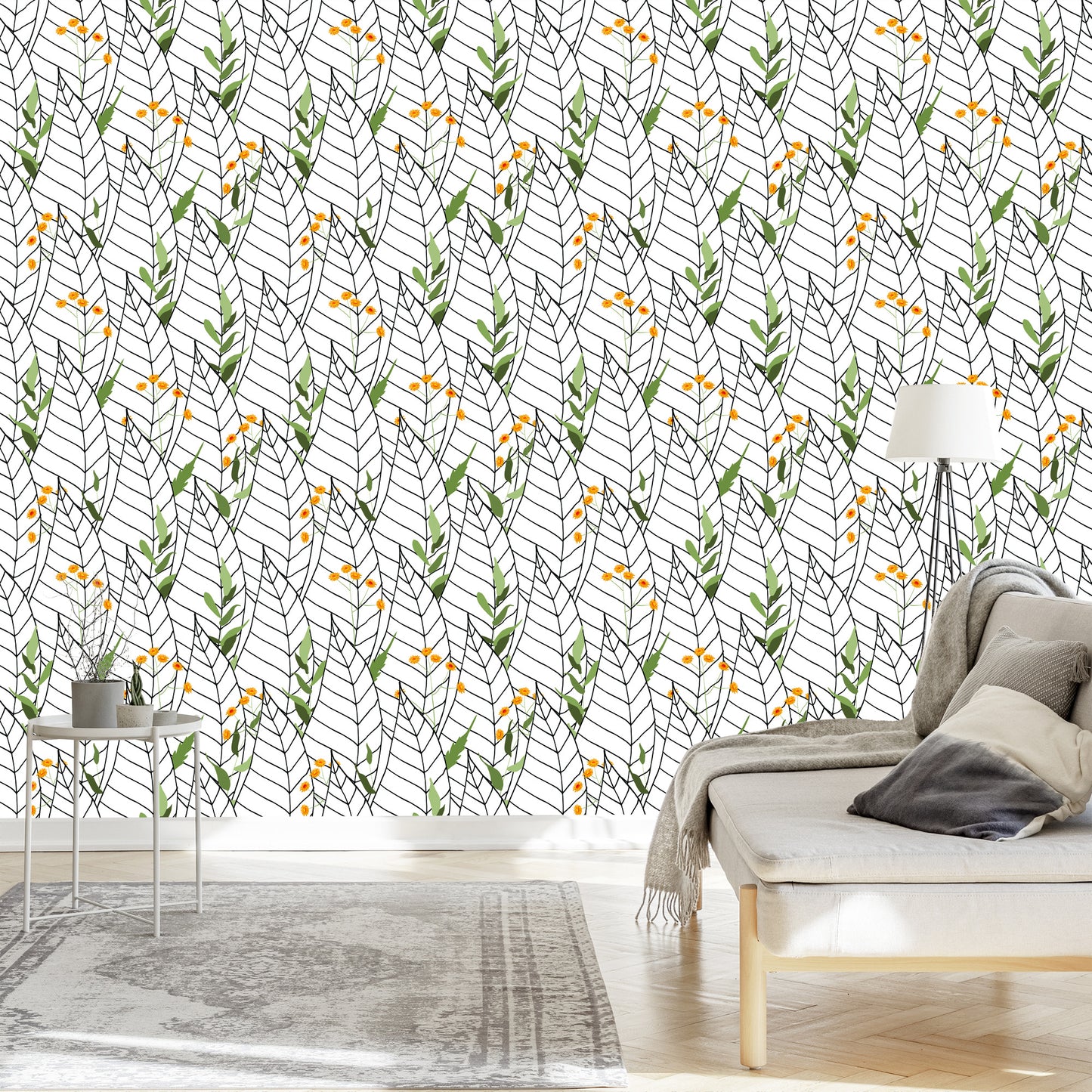 Wallpaper White Leaves With Flowers