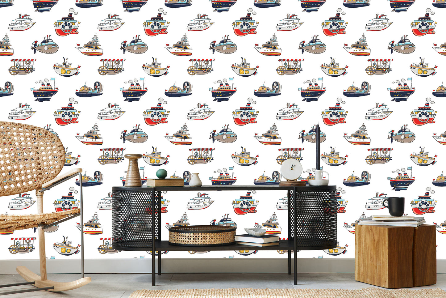 Wallpaper For Children's Room. Colorful Vehicle Ships