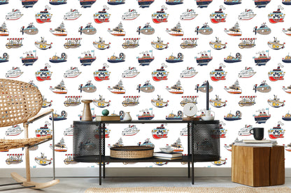Wallpaper For Children's Room. Colorful Vehicle Ships