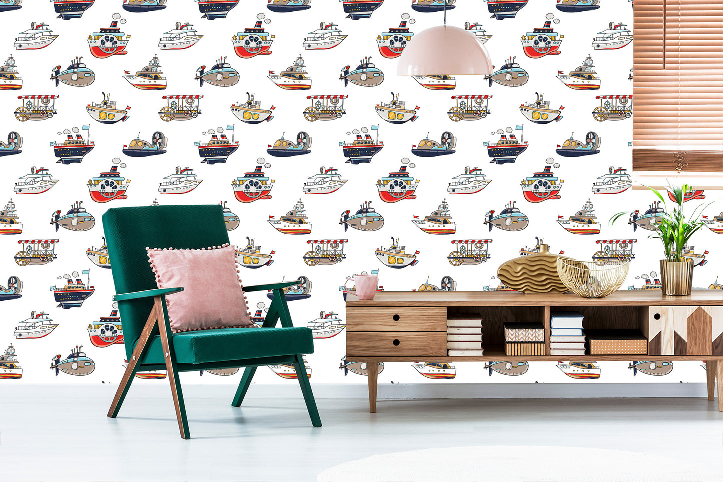Wallpaper For Children's Room. Colorful Vehicle Ships