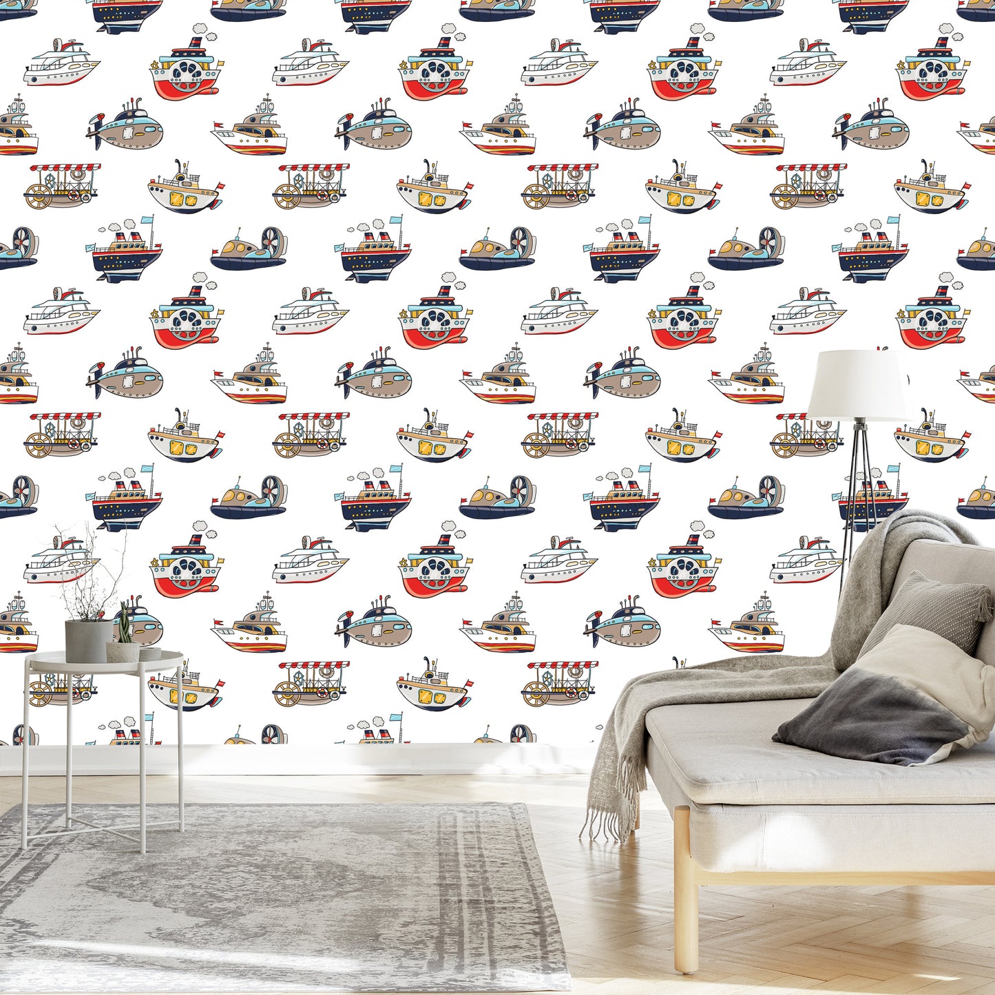 Wallpaper For Children's Room. Colorful Vehicle Ships