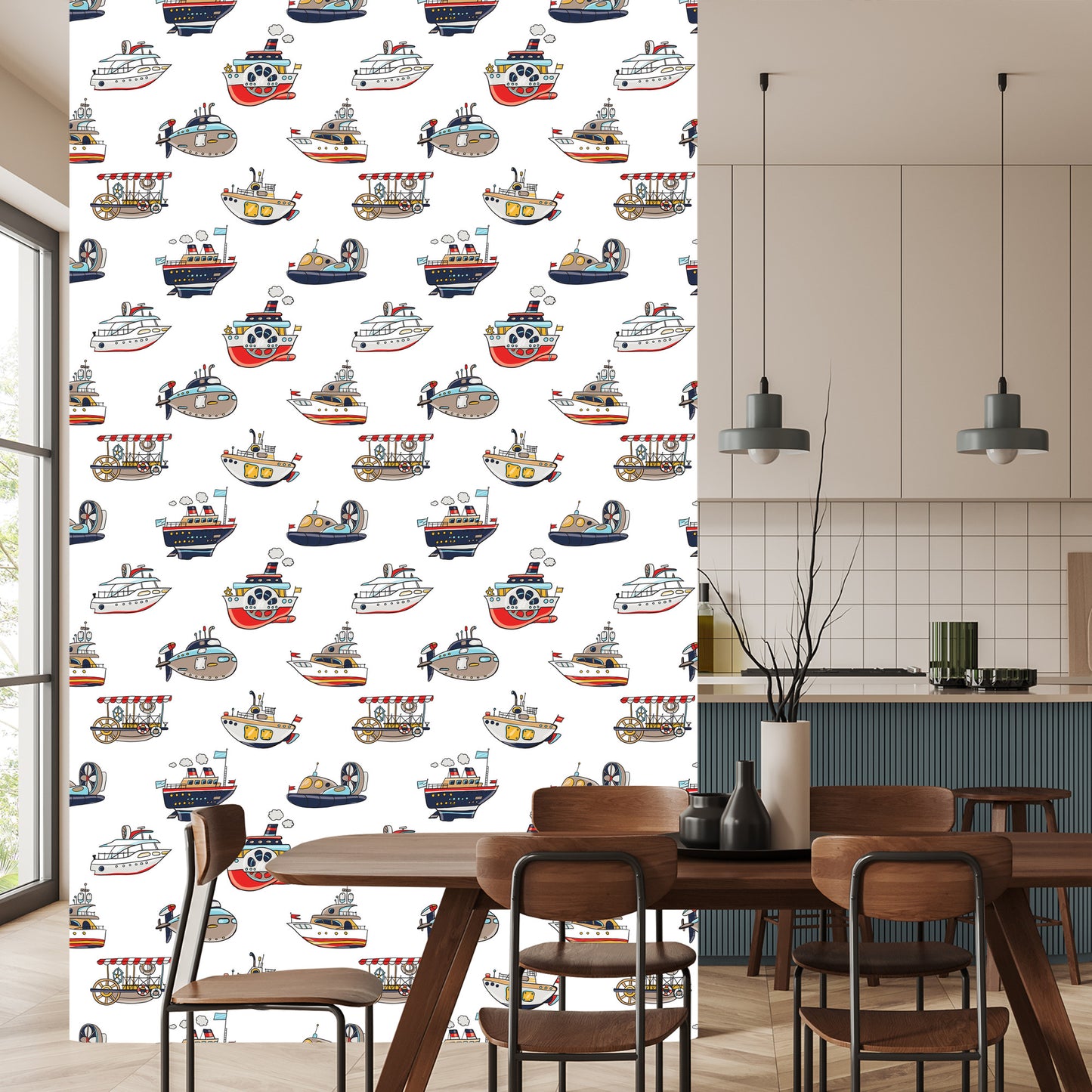 Wallpaper For Children's Room. Colorful Vehicle Ships