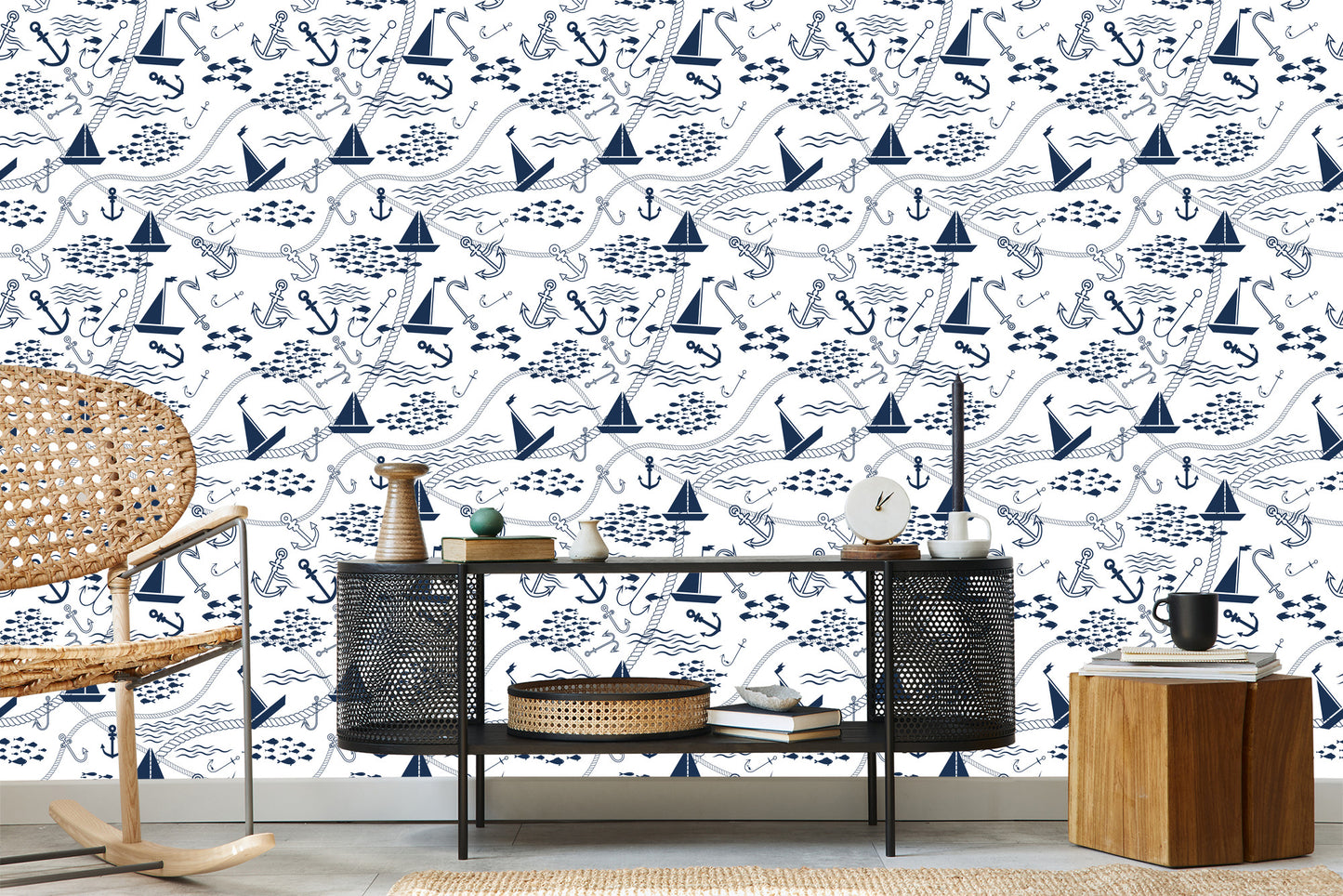 Wallpaper Boats With Anchors And Fishes