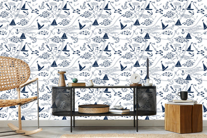 Wallpaper Boats With Anchors And Fishes