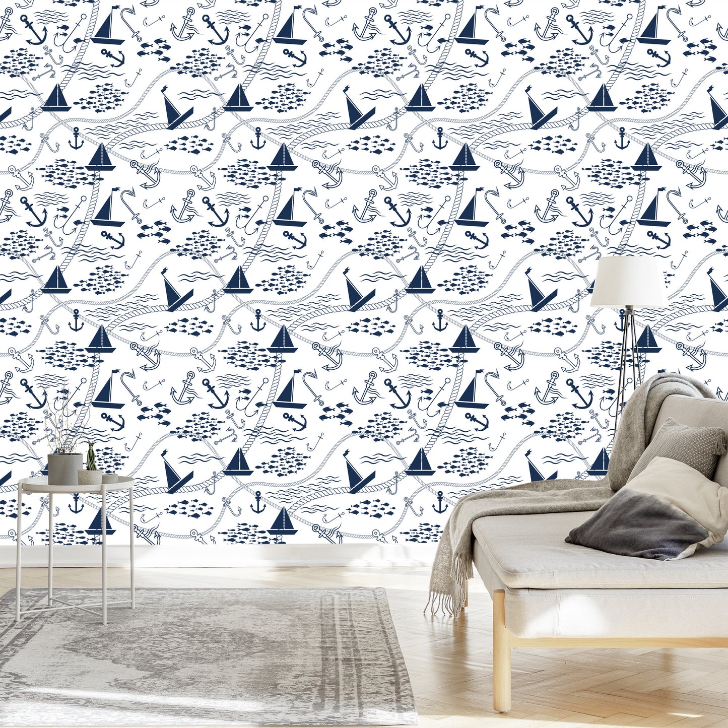 Wallpaper Boats With Anchors And Fishes