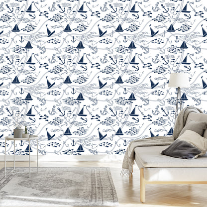 Wallpaper Boats With Anchors And Fishes