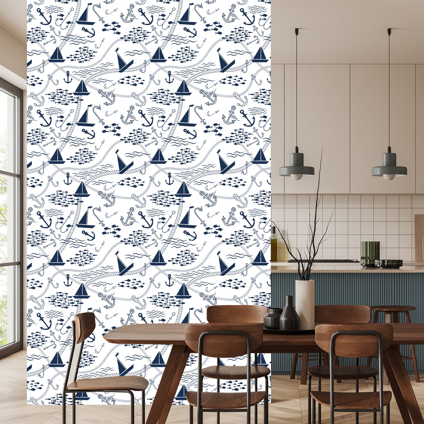 Wallpaper Boats With Anchors And Fishes
