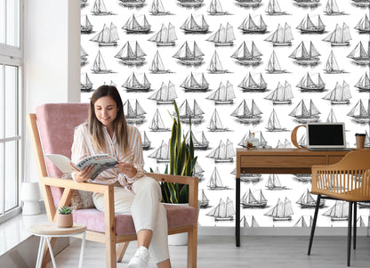 Wallpaper Black And White Sailboats