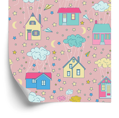 Wallpaper For Children - Houses Among Clouds And Stars