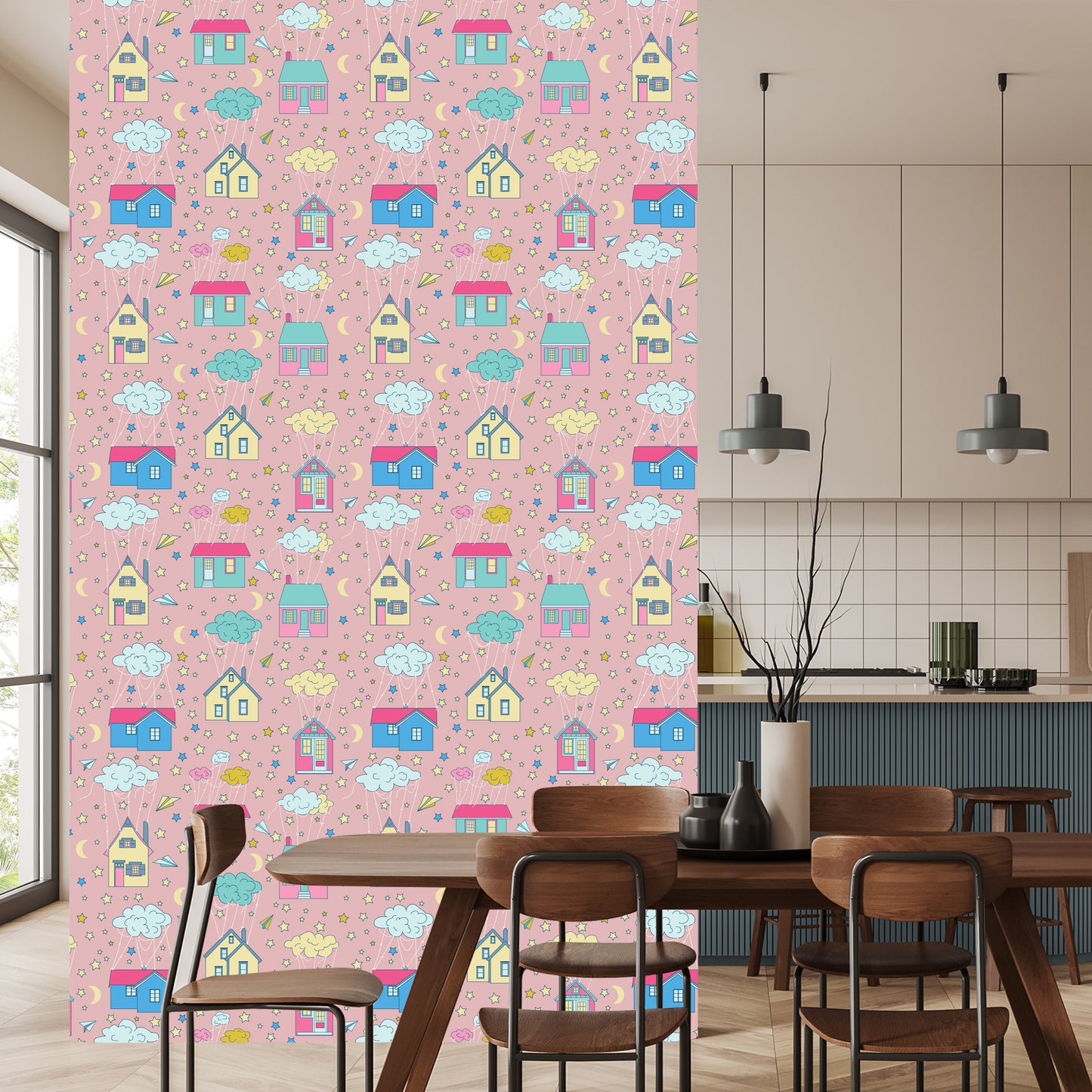Wallpaper For Children - Houses Among Clouds And Stars