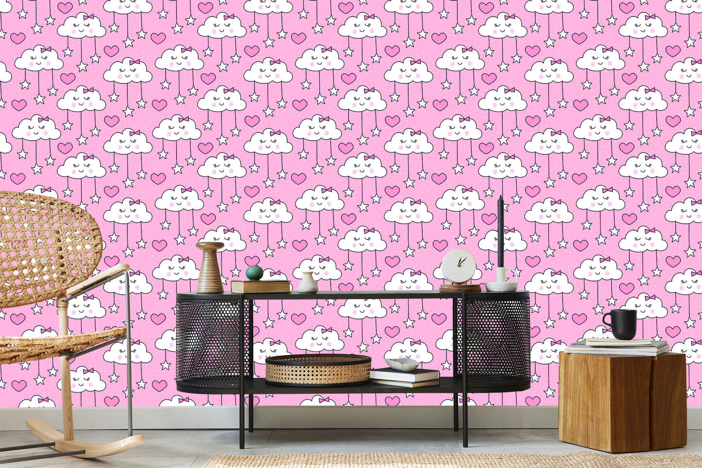 Wallpaper For Children - Sleeping Clouds Hearts And Stars