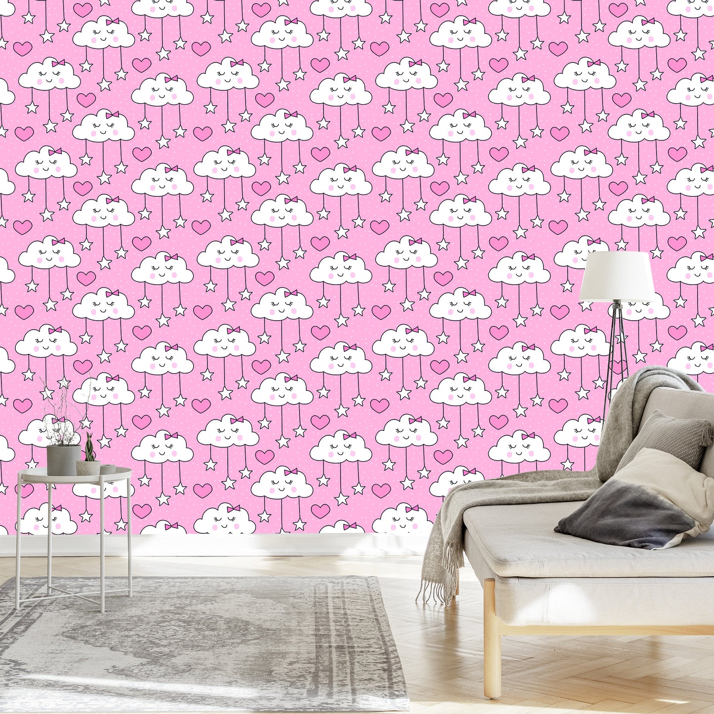 Wallpaper For Children - Sleeping Clouds Hearts And Stars
