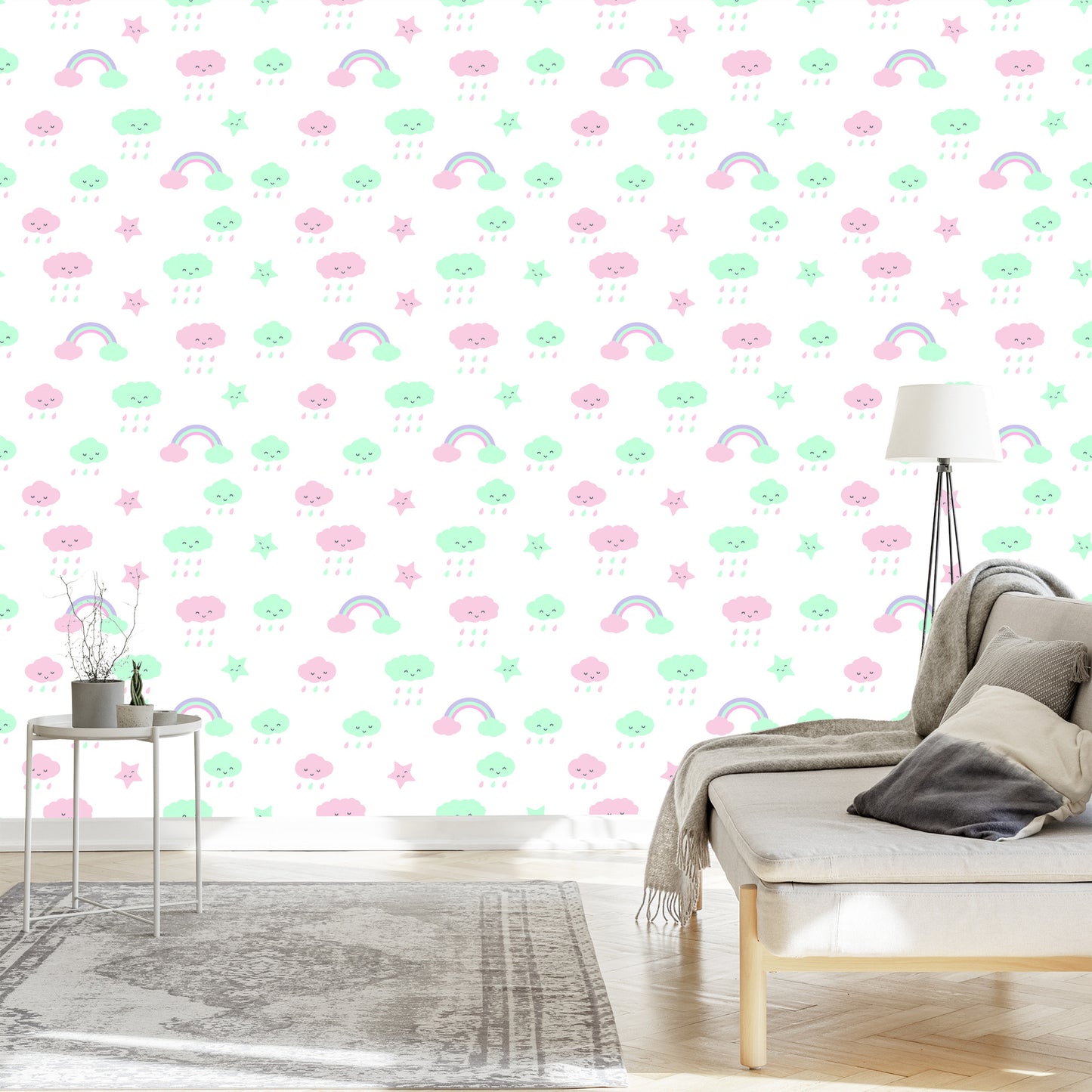 Wallpaper For Children - Stars, Clouds And Rainbow