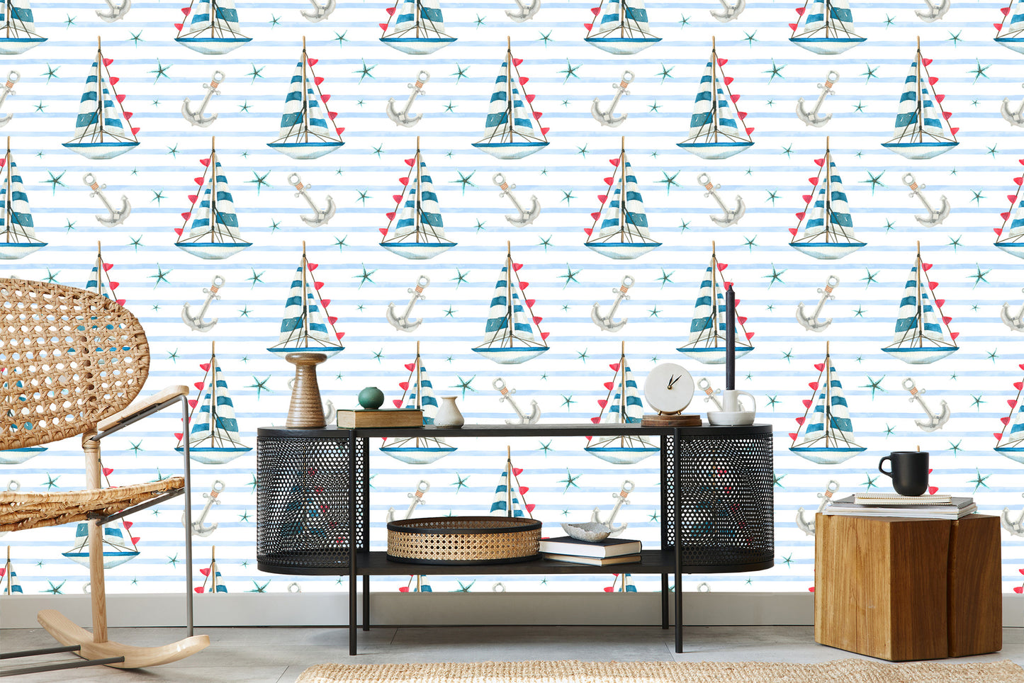 Wallpaper Sailboats And Starfish Painted With Watercolors