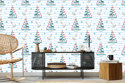 Wallpaper Sailboats And Starfish Painted With Watercolors