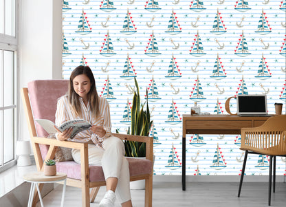 Wallpaper Sailboats And Starfish Painted With Watercolors