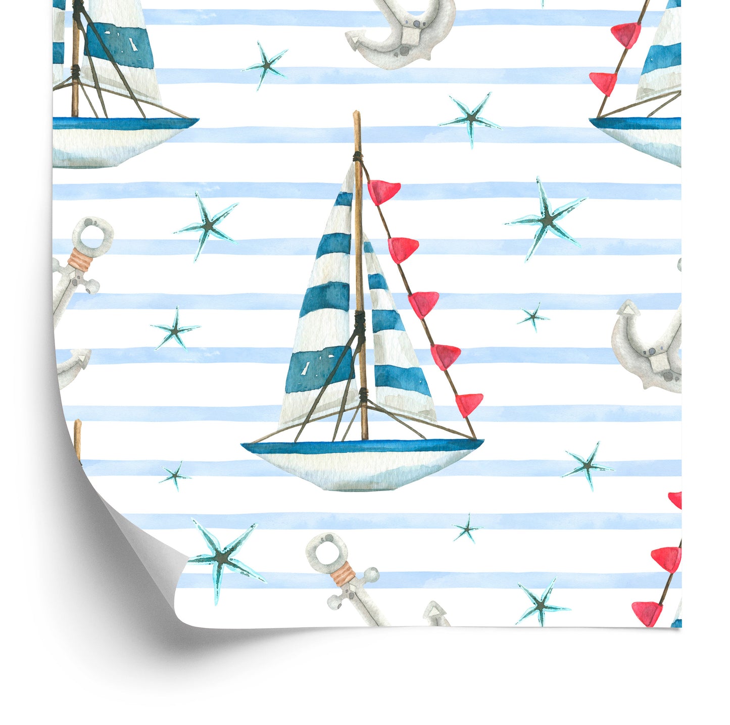 Wallpaper Sailboats And Starfish Painted With Watercolors