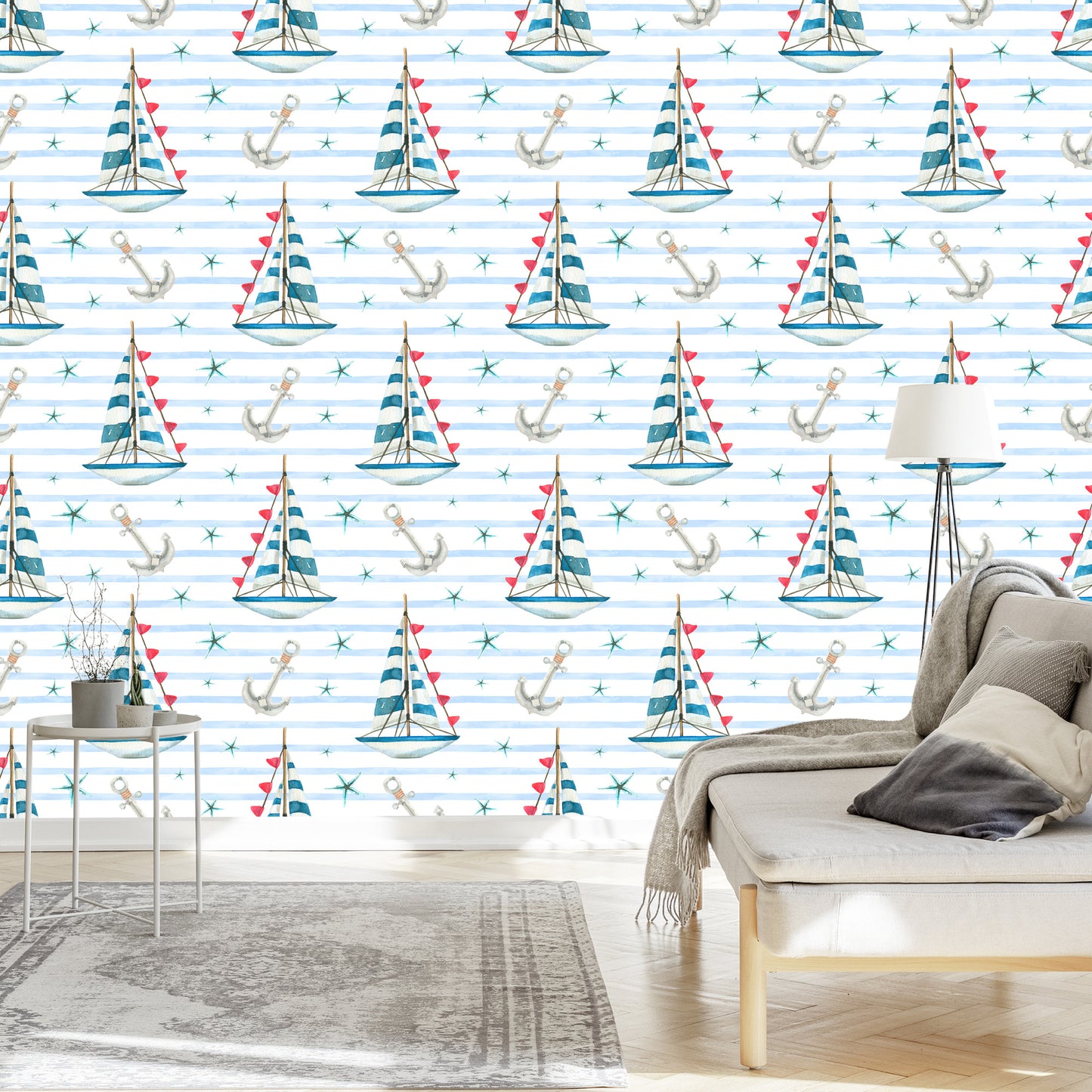 Wallpaper Sailboats And Starfish Painted With Watercolors
