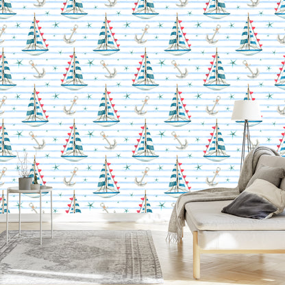 Wallpaper Sailboats And Starfish Painted With Watercolors