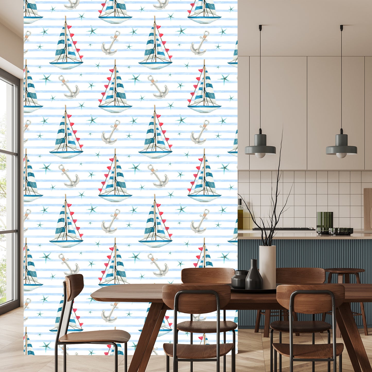 Wallpaper Sailboats And Starfish Painted With Watercolors