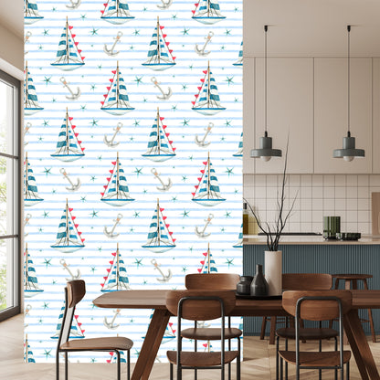 Wallpaper Sailboats And Starfish Painted With Watercolors