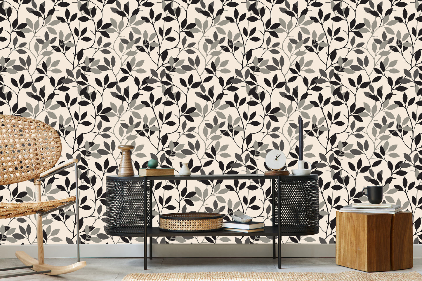 Wallpaper Retro - Leaves In Shades Of Gray