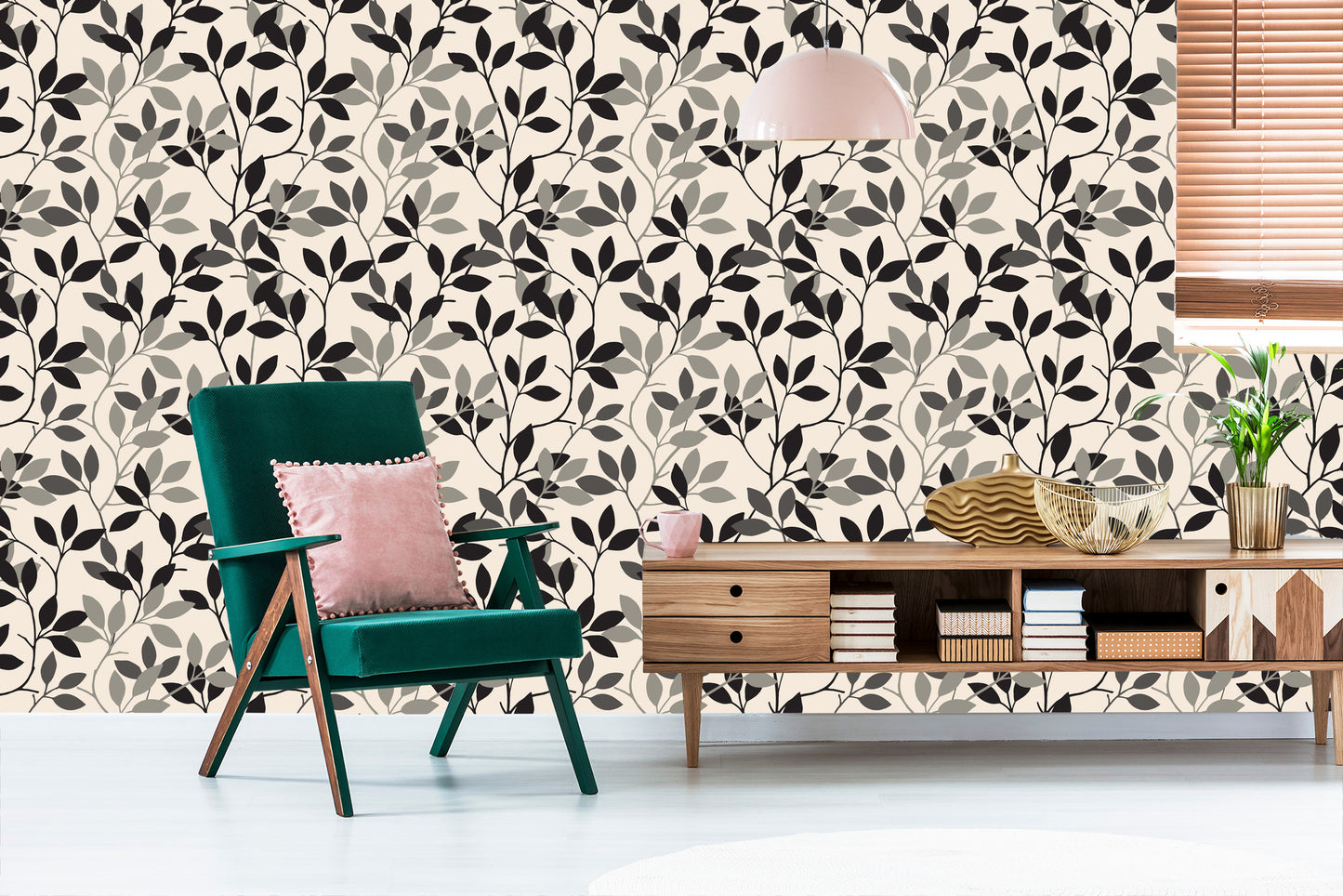 Wallpaper Retro - Leaves In Shades Of Gray