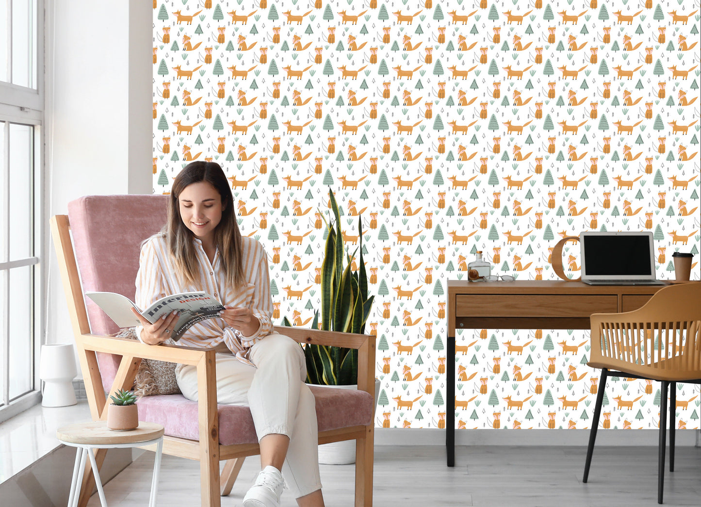 Wallpaper For Children, Foxes, Trees, Scandinavian Style