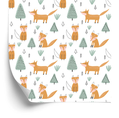Wallpaper For Children, Foxes, Trees, Scandinavian Style