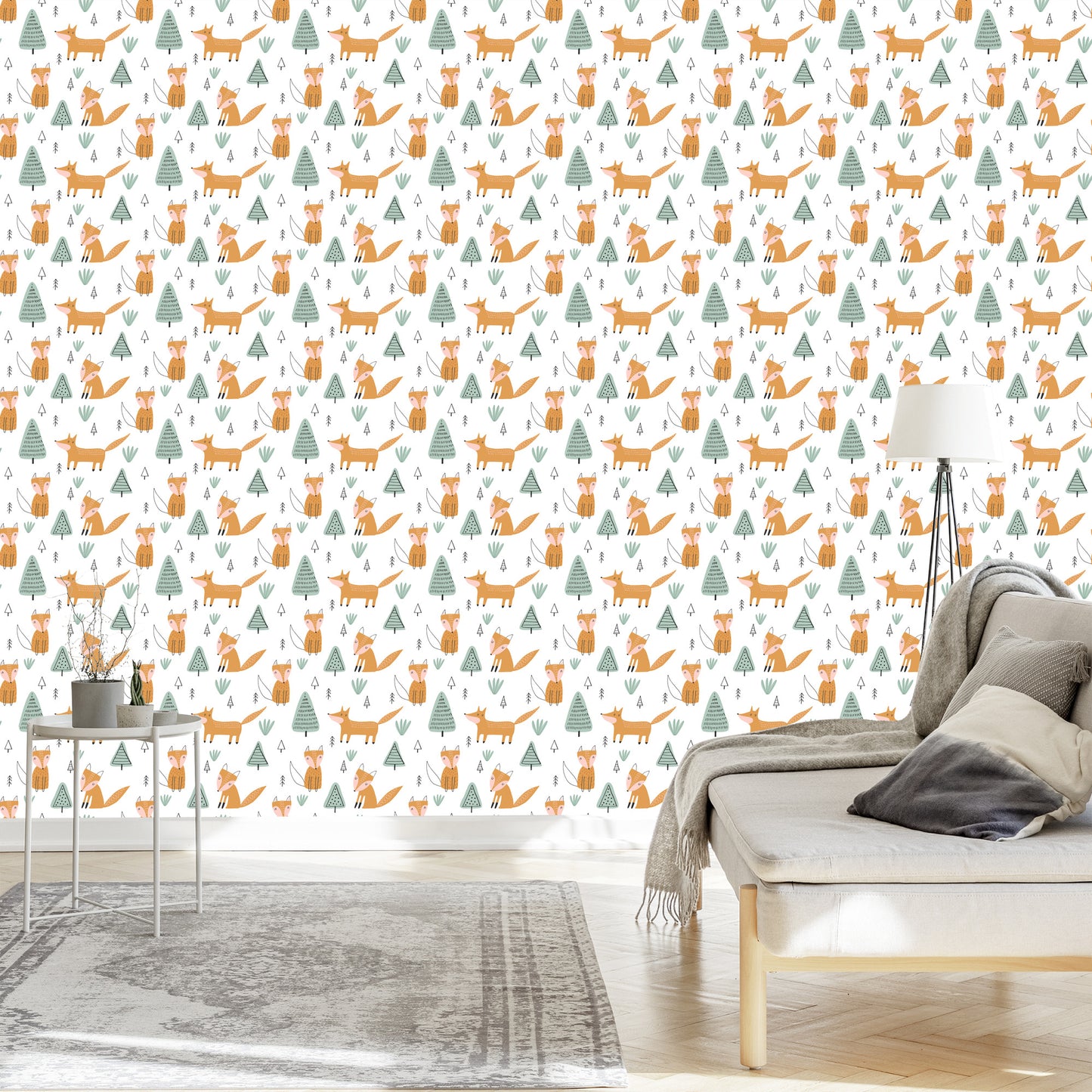 Wallpaper For Children, Foxes, Trees, Scandinavian Style
