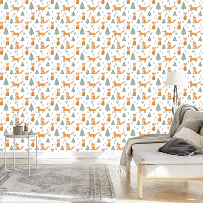 Wallpaper For Children, Foxes, Trees, Scandinavian Style