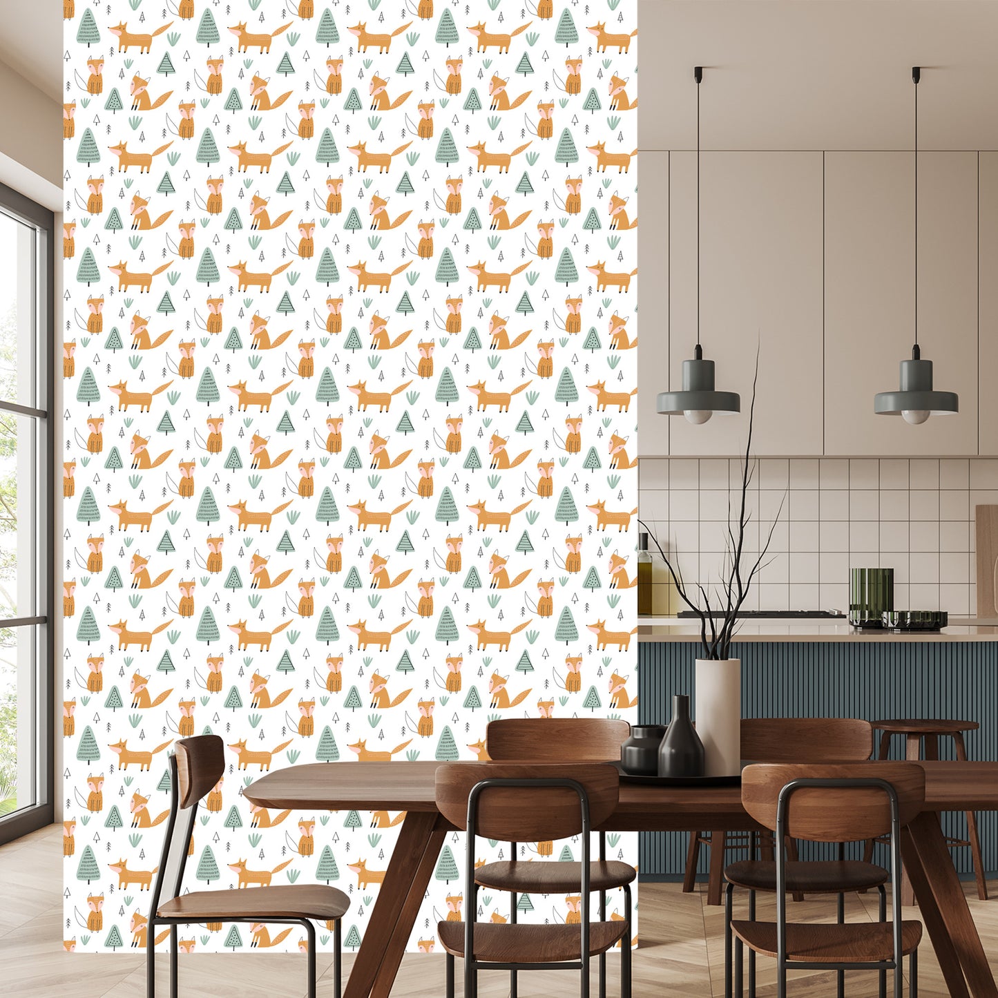 Wallpaper For Children, Foxes, Trees, Scandinavian Style