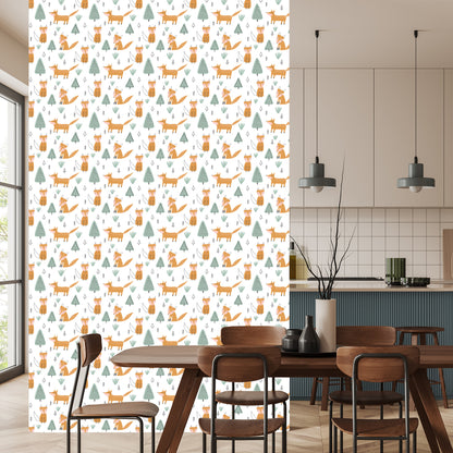 Wallpaper For Children, Foxes, Trees, Scandinavian Style