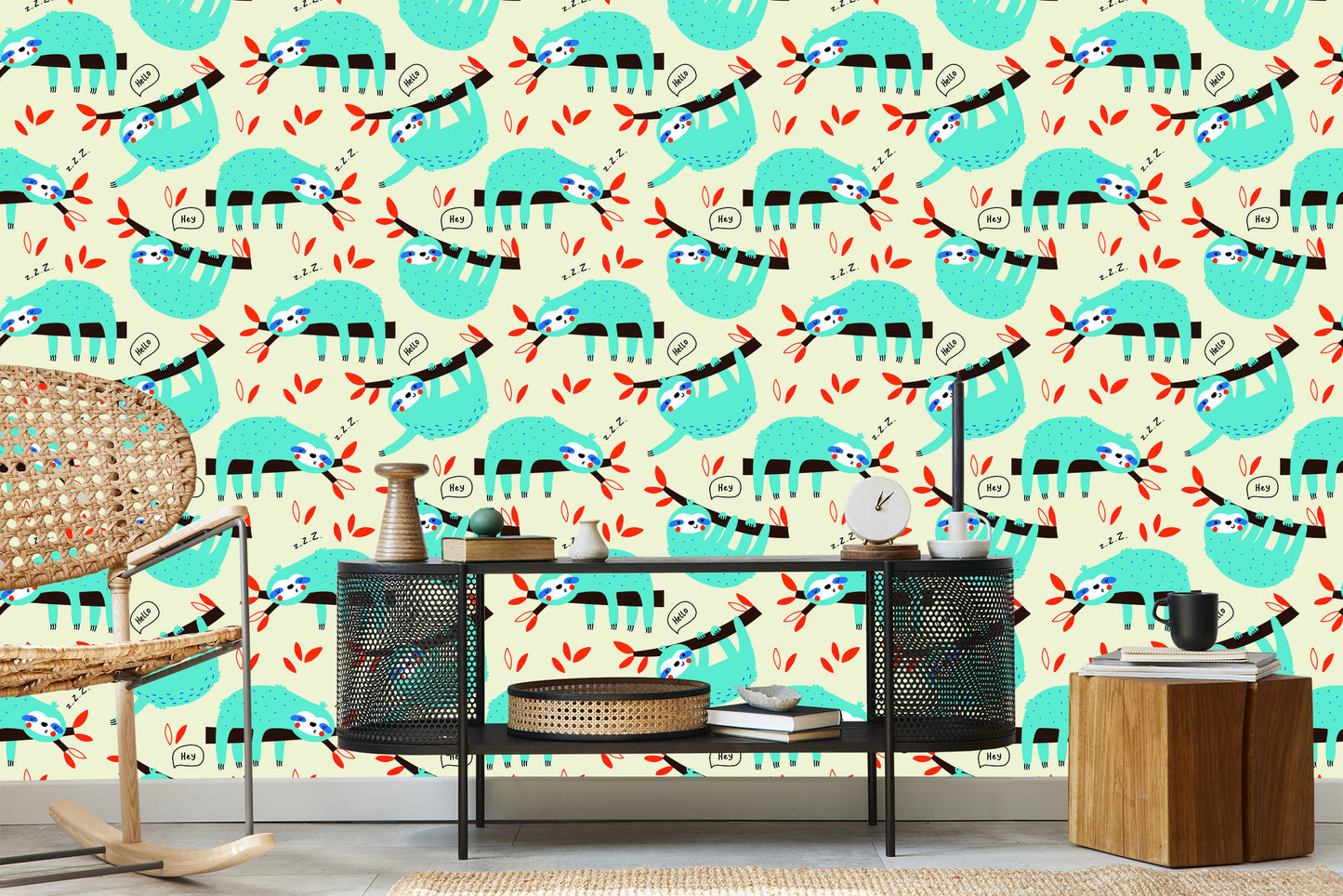 Wallpaper Children Sloths Leaves Scandinavian Style