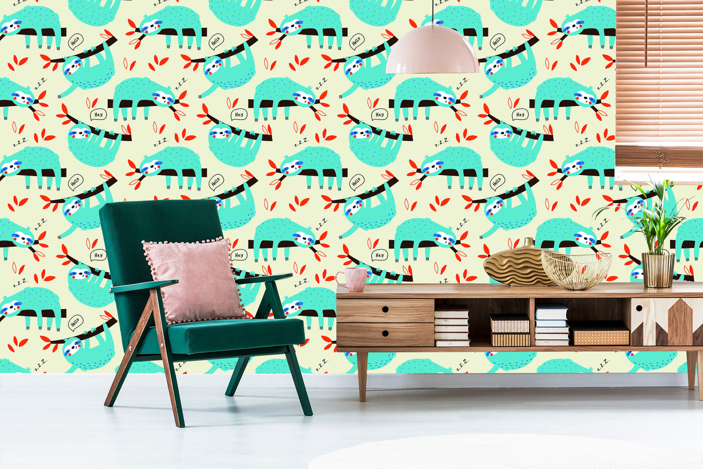 Wallpaper Children Sloths Leaves Scandinavian Style