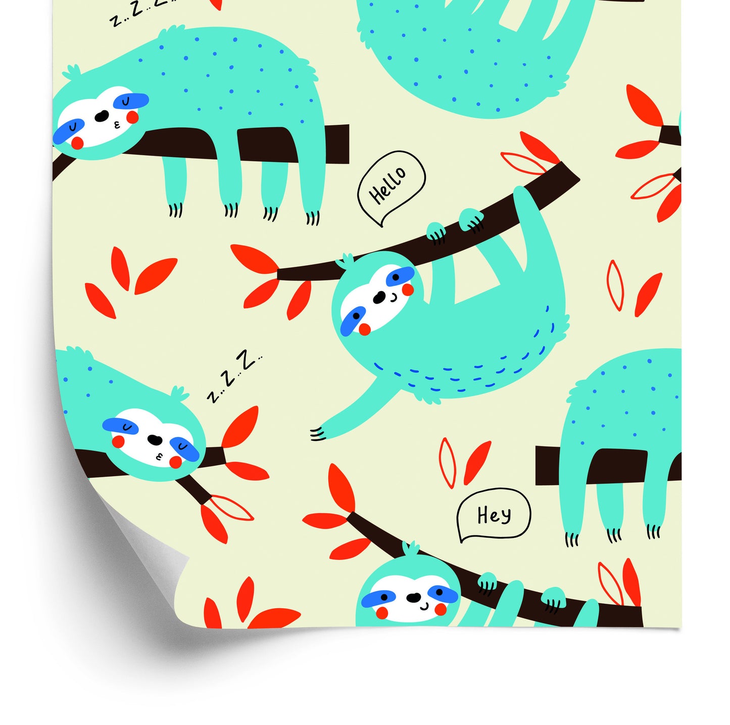 Wallpaper Children Sloths Leaves Scandinavian Style