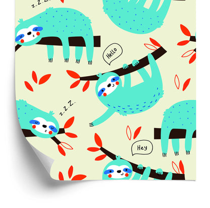 Wallpaper Children Sloths Leaves Scandinavian Style