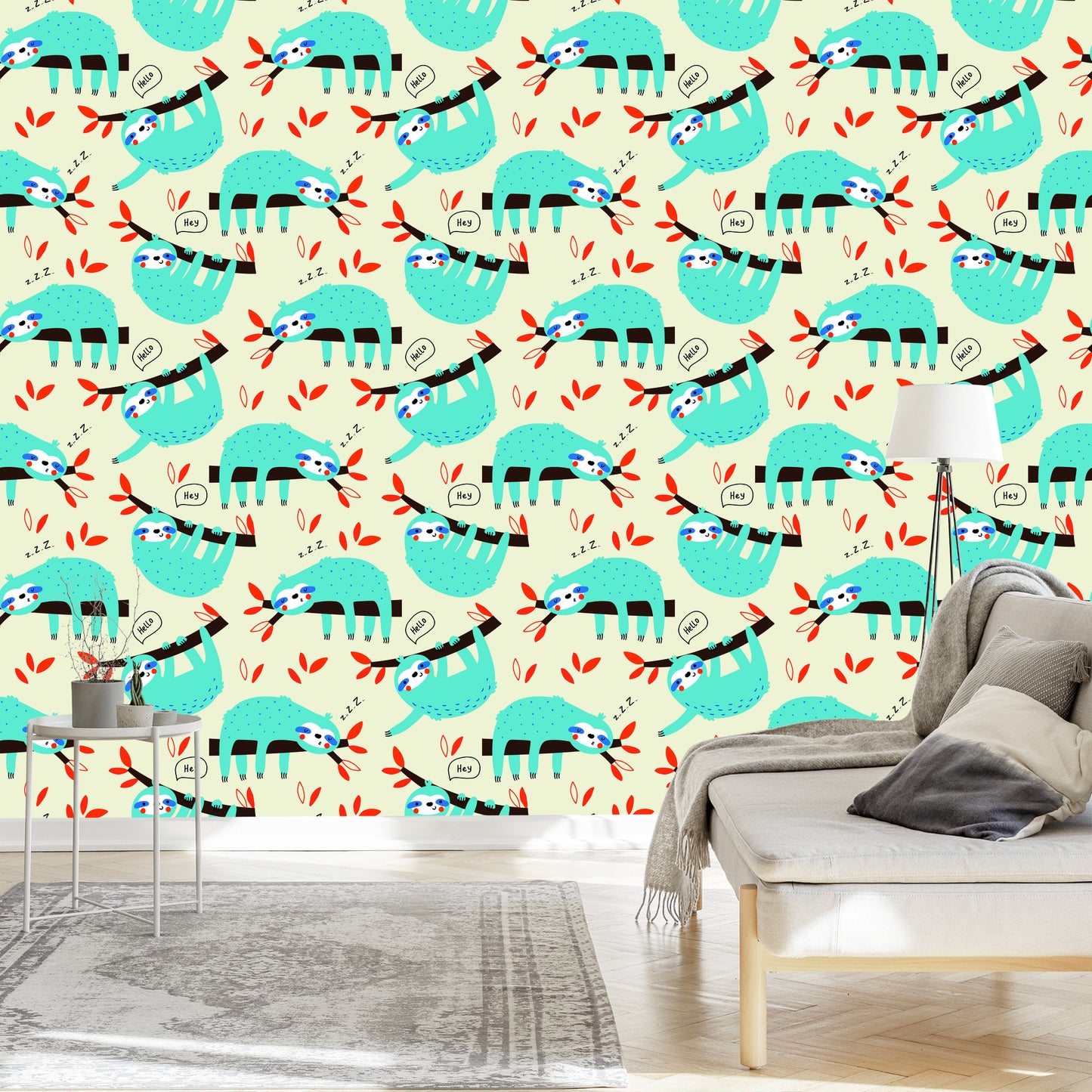 Wallpaper Children Sloths Leaves Scandinavian Style