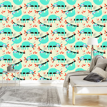 Wallpaper Children Sloths Leaves Scandinavian Style