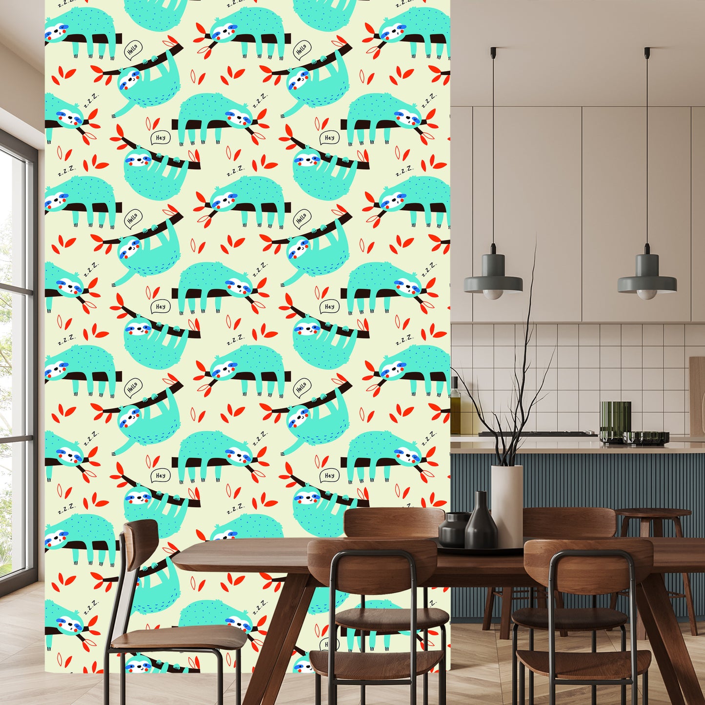 Wallpaper Children Sloths Leaves Scandinavian Style