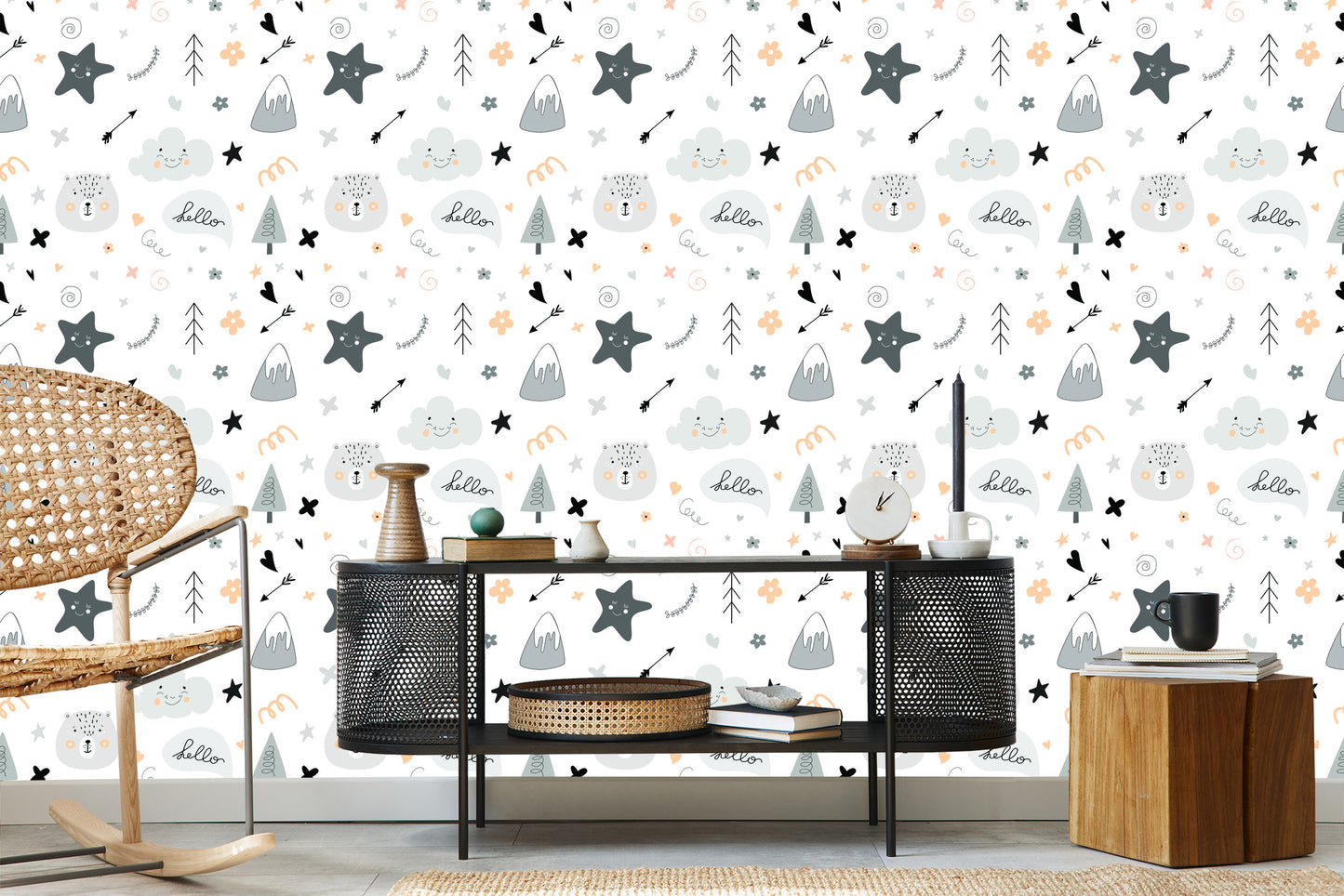 Wallpaper For Children, Stars, Clouds, Scandinavian Style