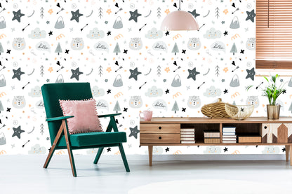 Wallpaper For Children, Stars, Clouds, Scandinavian Style