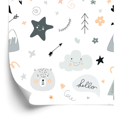 Wallpaper For Children, Stars, Clouds, Scandinavian Style