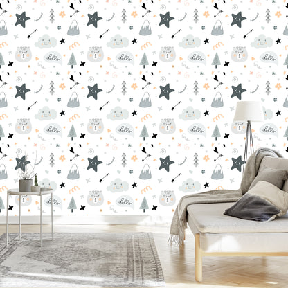 Wallpaper For Children, Stars, Clouds, Scandinavian Style