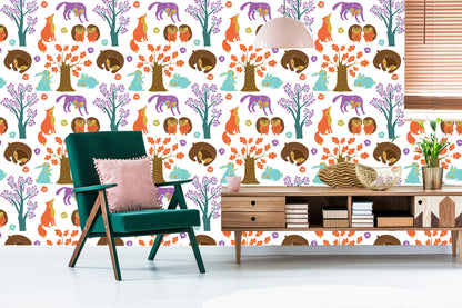 Wallpaper For Children - Forest Animals In A Colorful Forest