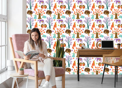 Wallpaper For Children - Forest Animals In A Colorful Forest